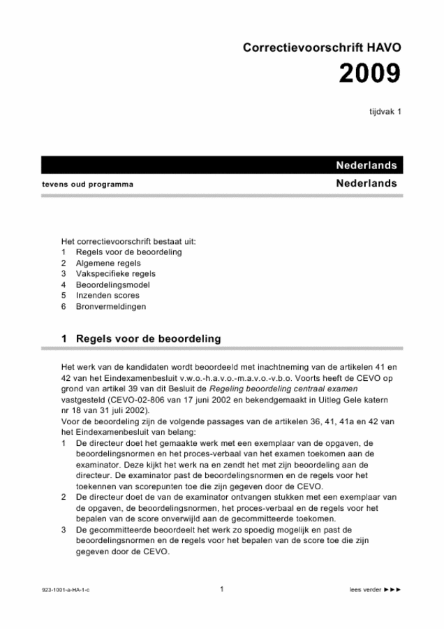 Correctievoorschrift examen HAVO Nederlands 2009, tijdvak 1. Pagina 1