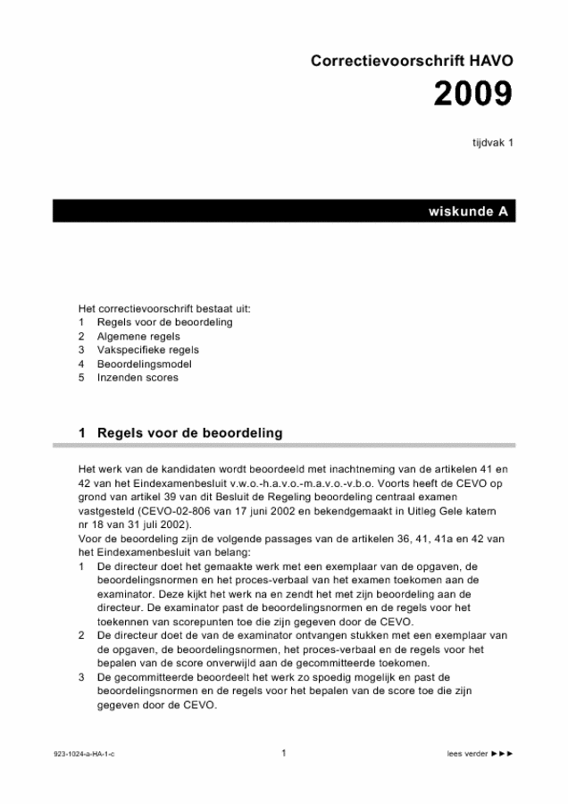 Correctievoorschrift examen HAVO wiskunde A 2009, tijdvak 1. Pagina 1