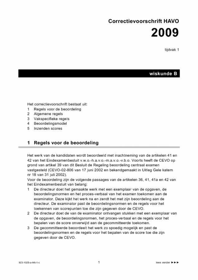 Correctievoorschrift examen HAVO wiskunde B 2009, tijdvak 1. Pagina 1