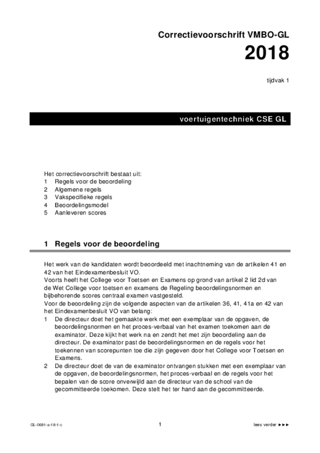 Correctievoorschrift examen VMBO GLTL voertuigentechniek 2018, tijdvak 1. Pagina 1