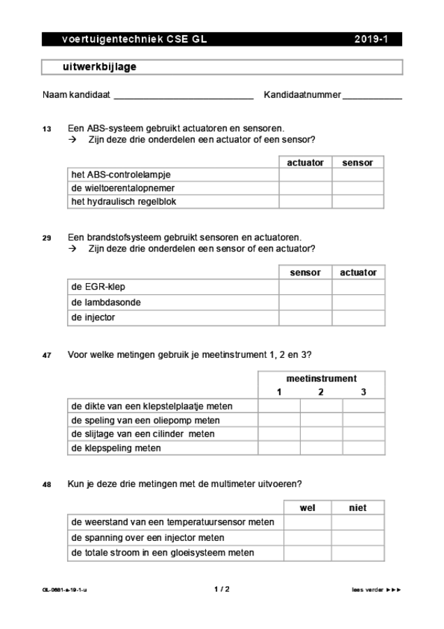 Uitwerkbijlage examen VMBO GLTL voertuigentechniek 2019, tijdvak 1. Pagina 1