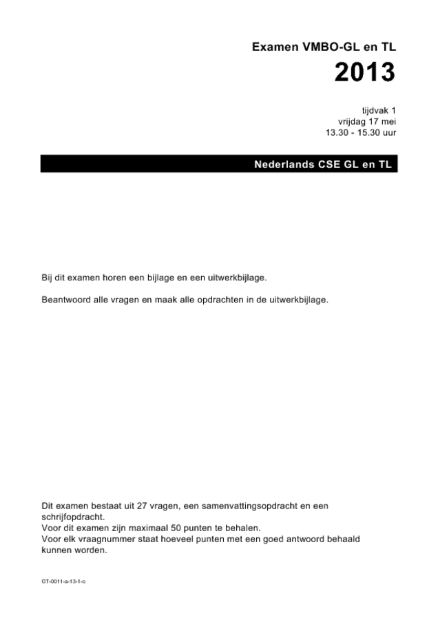 Opgaven examen VMBO GLTL Nederlands 2013, tijdvak 1. Pagina 1