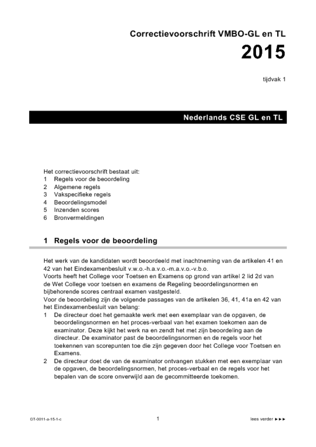 Correctievoorschrift examen VMBO GLTL Nederlands 2015, tijdvak 1. Pagina 1