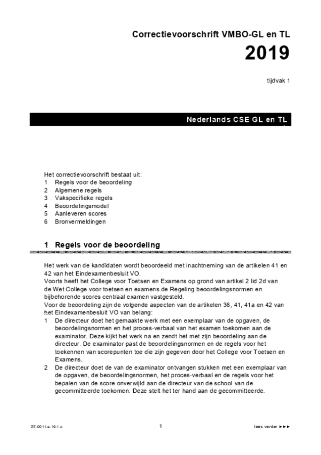 Correctievoorschrift examen VMBO GLTL Nederlands 2019, tijdvak 1. Pagina 1