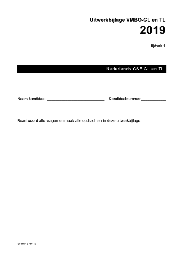 Uitwerkbijlage examen VMBO GLTL Nederlands 2019, tijdvak 1. Pagina 1