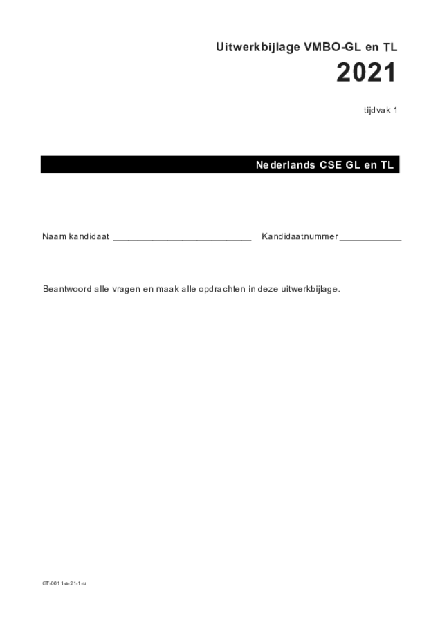 Uitwerkbijlage examen VMBO GLTL Nederlands 2021, tijdvak 1. Pagina 1