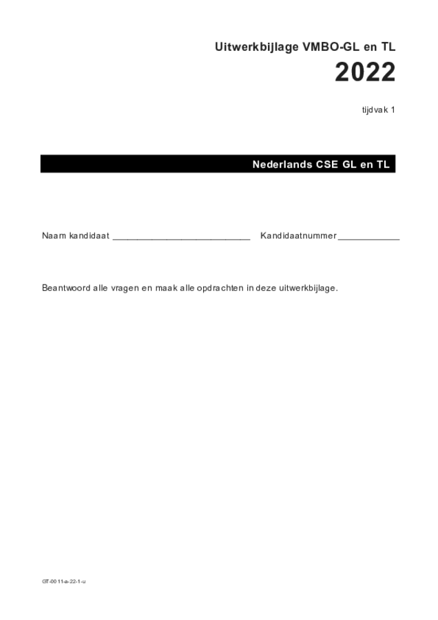 Uitwerkbijlage examen VMBO GLTL Nederlands 2022, tijdvak 1. Pagina 1