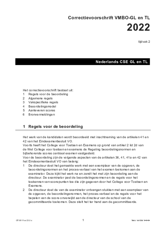 Correctievoorschrift examen VMBO GLTL Nederlands 2022, tijdvak 2. Pagina 1