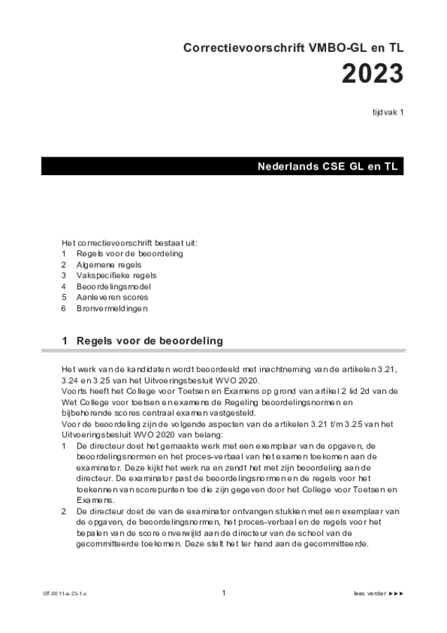 Correctievoorschrift examen VMBO GLTL Nederlands 2023, tijdvak 1. Pagina 1