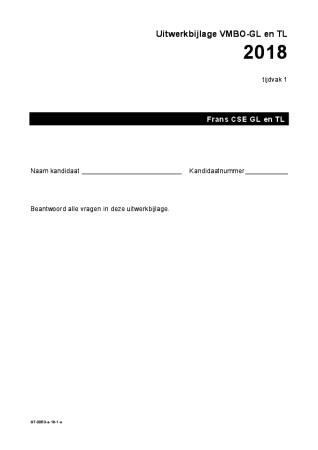 Uitwerkbijlage examen VMBO GLTL Frans 2018, tijdvak 1. Pagina 1