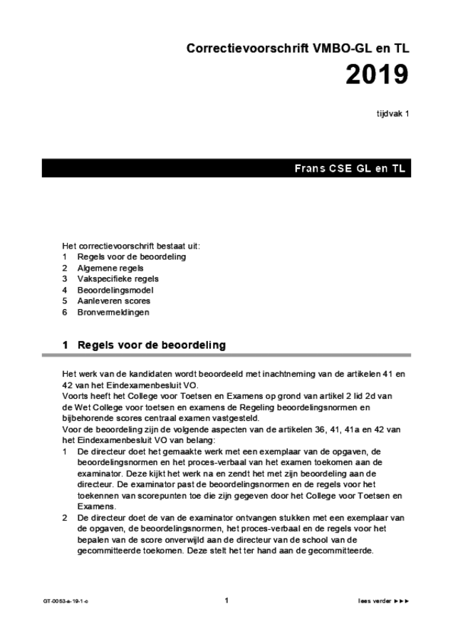 Correctievoorschrift examen VMBO GLTL Frans 2019, tijdvak 1. Pagina 1