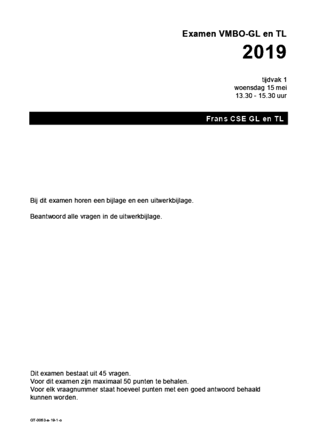 Opgaven examen VMBO GLTL Frans 2019, tijdvak 1. Pagina 1