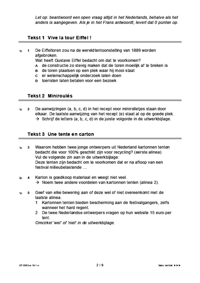 Opgaven examen VMBO GLTL Frans 2019, tijdvak 1. Pagina 2