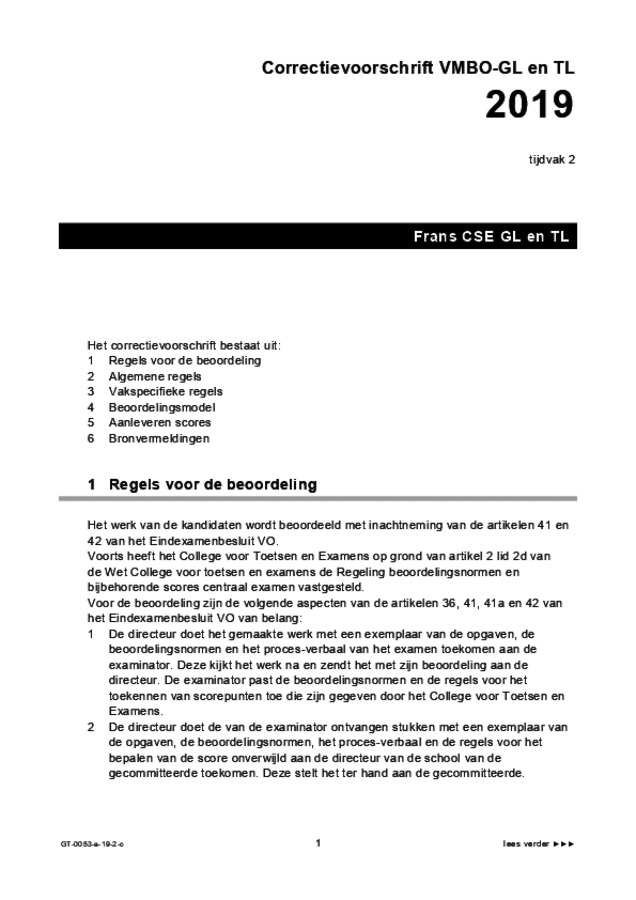 Correctievoorschrift examen VMBO GLTL Frans 2019, tijdvak 2. Pagina 1