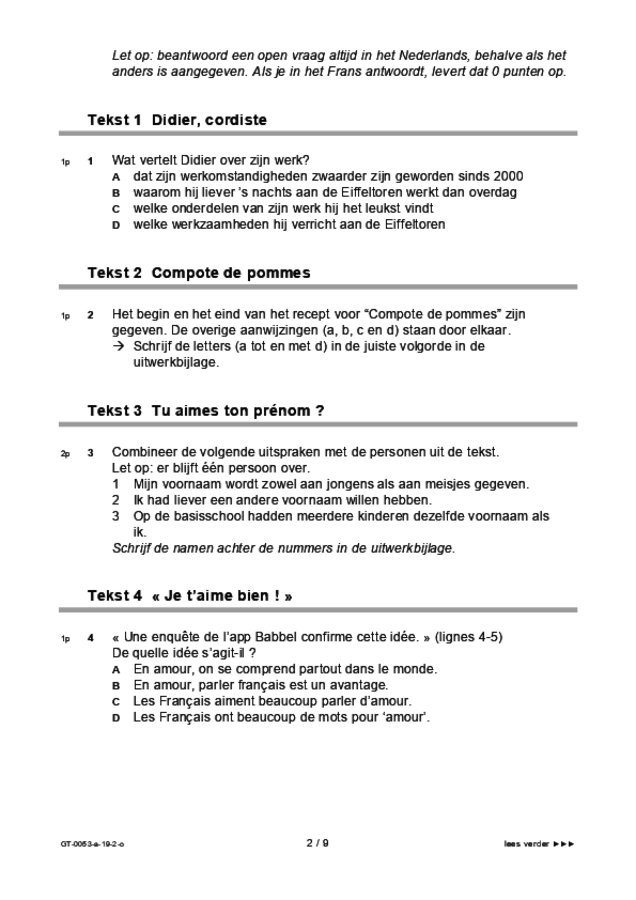 Opgaven examen VMBO GLTL Frans 2019, tijdvak 2. Pagina 2