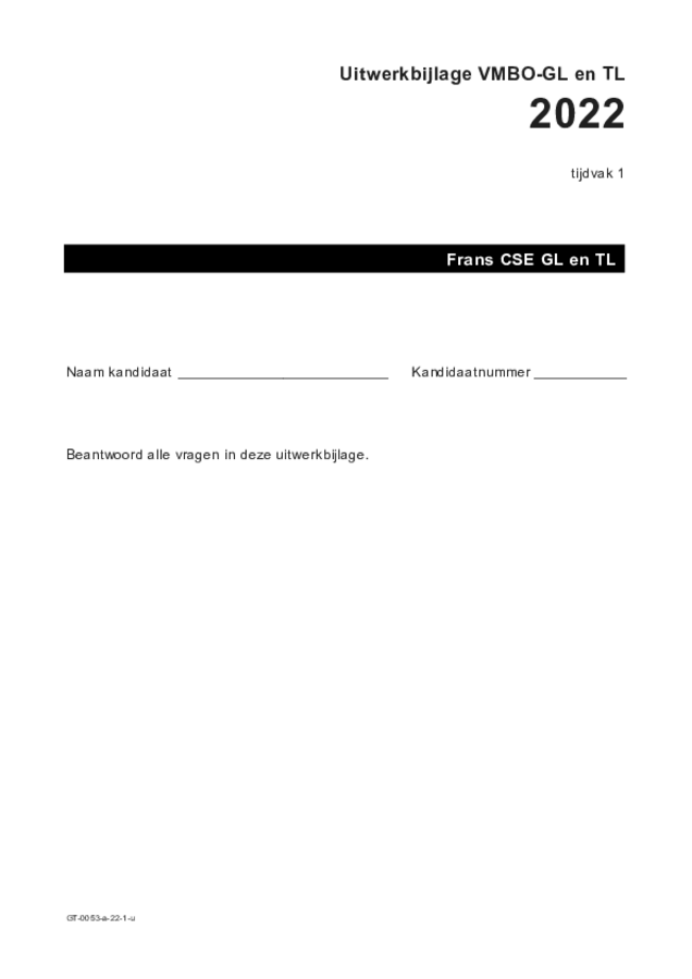 Uitwerkbijlage examen VMBO GLTL Frans 2022, tijdvak 1. Pagina 1