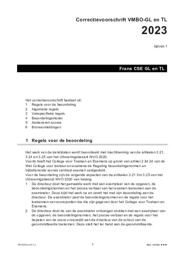 Correctievoorschrift examen VMBO GLTL Frans 2023, tijdvak 1. Pagina 1