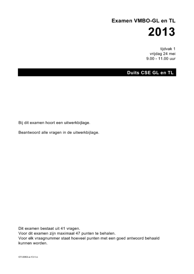Opgaven examen VMBO GLTL Duits 2013, tijdvak 1. Pagina 1