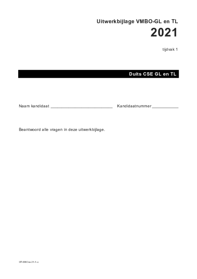 Uitwerkbijlage examen VMBO GLTL Duits 2021, tijdvak 1. Pagina 1