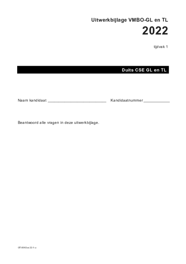 Uitwerkbijlage examen VMBO GLTL Duits 2022, tijdvak 1. Pagina 1