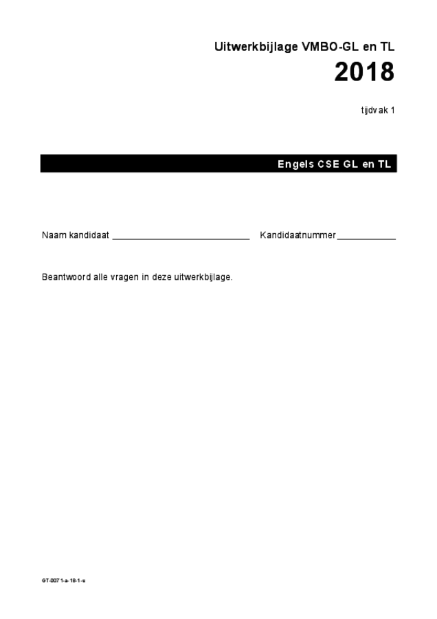 Uitwerkbijlage examen VMBO GLTL Engels 2018, tijdvak 1. Pagina 1