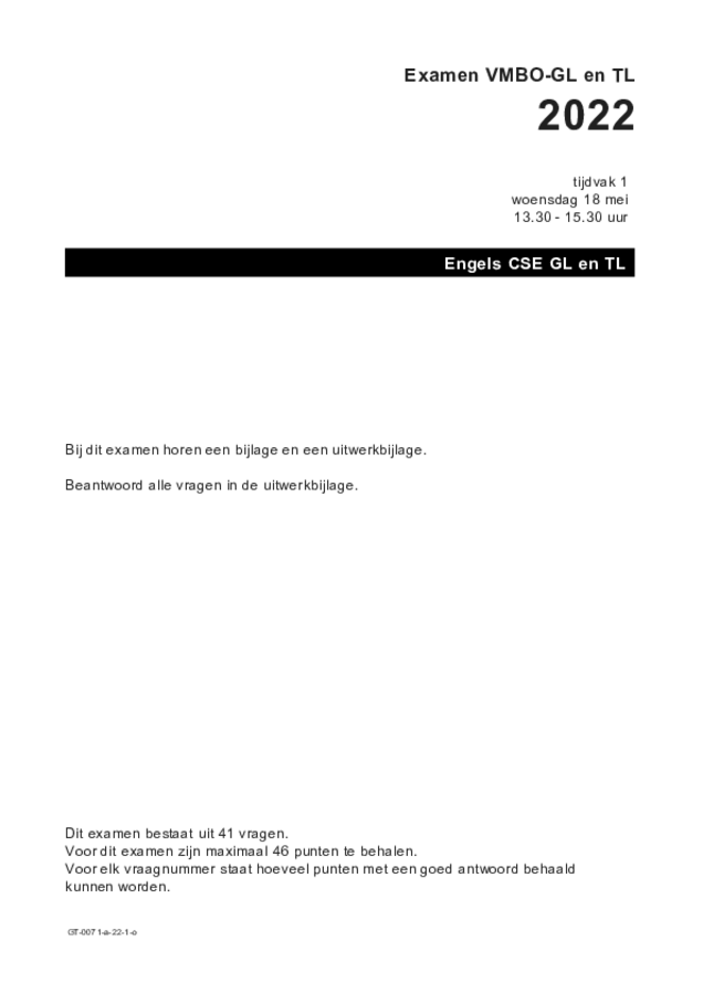 Opgaven examen VMBO GLTL Engels 2022, tijdvak 1. Pagina 1