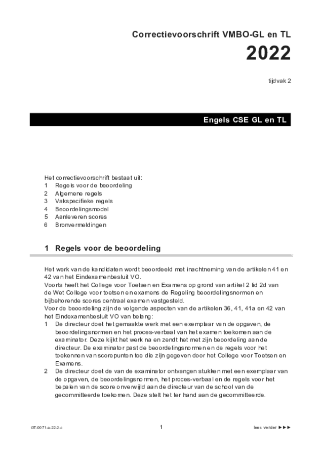 Correctievoorschrift examen VMBO GLTL Engels 2022, tijdvak 2. Pagina 1