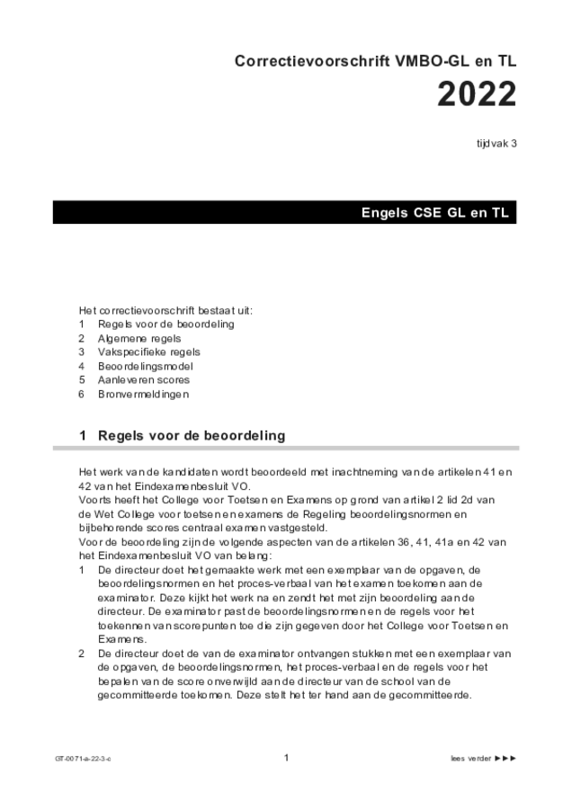 Correctievoorschrift examen VMBO GLTL Engels 2022, tijdvak 3. Pagina 1