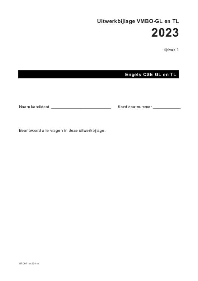 Uitwerkbijlage examen VMBO GLTL Engels 2023, tijdvak 1. Pagina 1