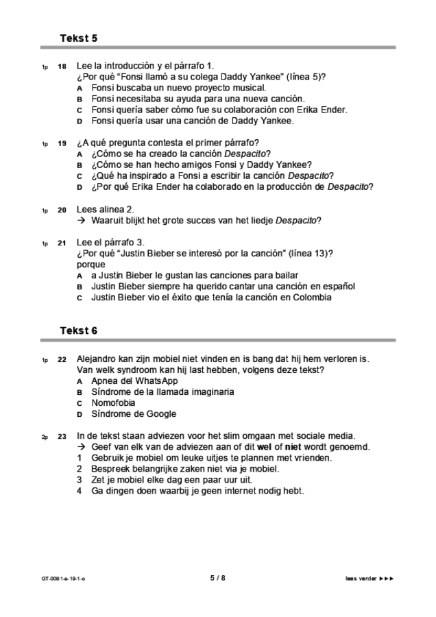 Opgaven examen VMBO GLTL Spaans 2019, tijdvak 1. Pagina 5