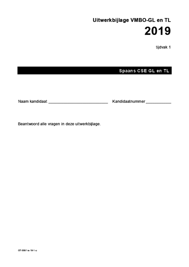 Uitwerkbijlage examen VMBO GLTL Spaans 2019, tijdvak 1. Pagina 1