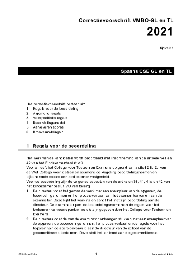 Correctievoorschrift examen VMBO GLTL Spaans 2021, tijdvak 1. Pagina 1