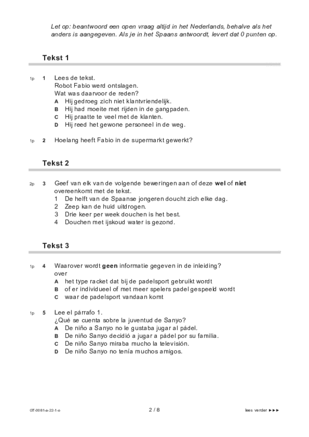 Opgaven examen VMBO GLTL Spaans 2022, tijdvak 1. Pagina 2