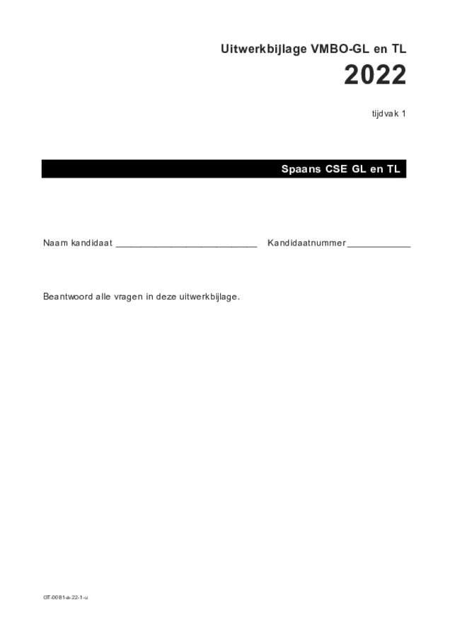 Uitwerkbijlage examen VMBO GLTL Spaans 2022, tijdvak 1. Pagina 1