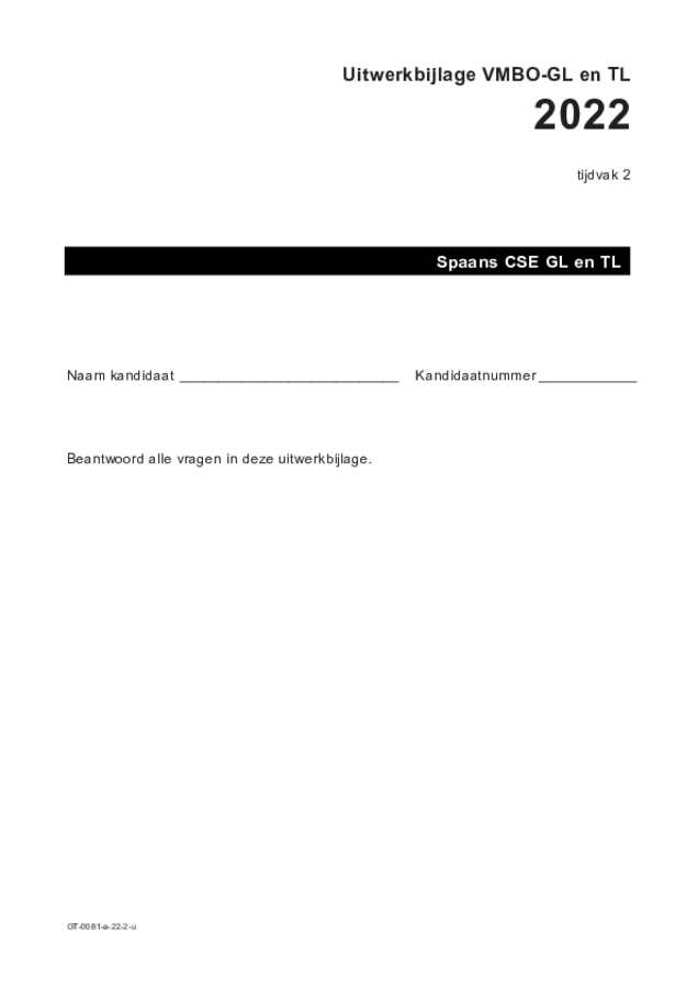 Uitwerkbijlage examen VMBO GLTL Spaans 2022, tijdvak 2. Pagina 1