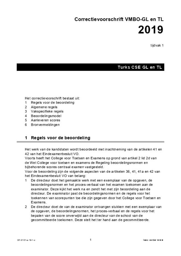 Correctievoorschrift examen VMBO GLTL Turks 2019, tijdvak 1. Pagina 1