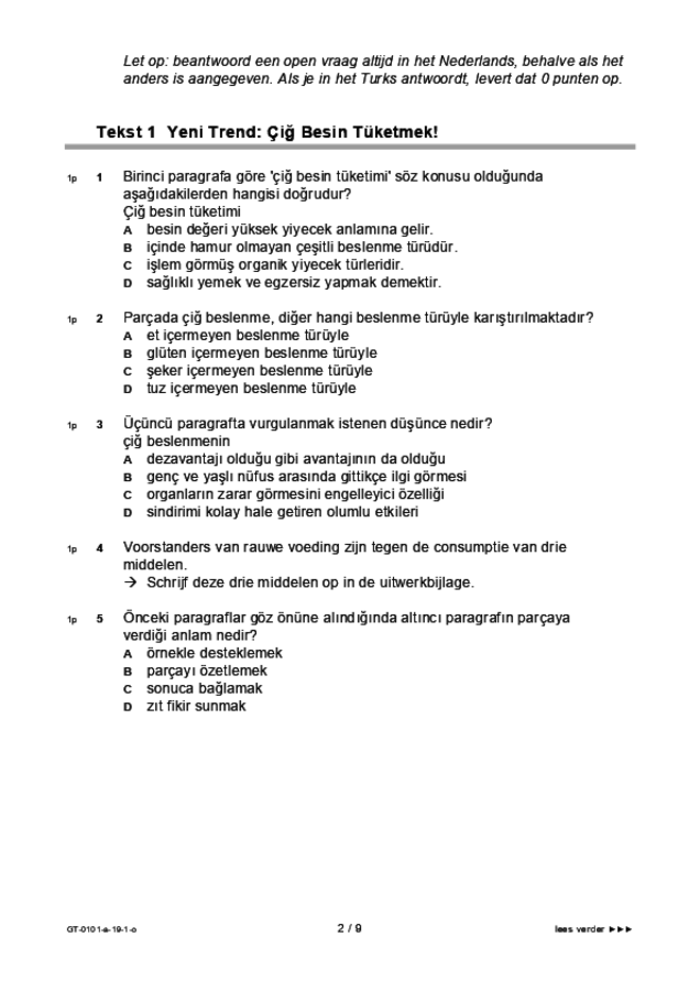 Opgaven examen VMBO GLTL Turks 2019, tijdvak 1. Pagina 2