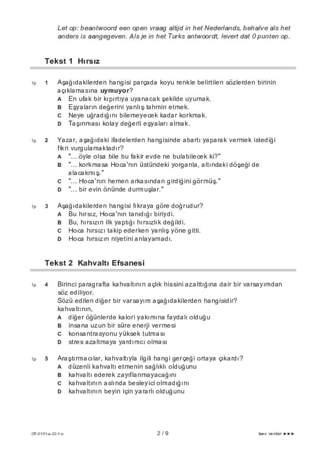 Opgaven examen VMBO GLTL Turks 2022, tijdvak 1. Pagina 2