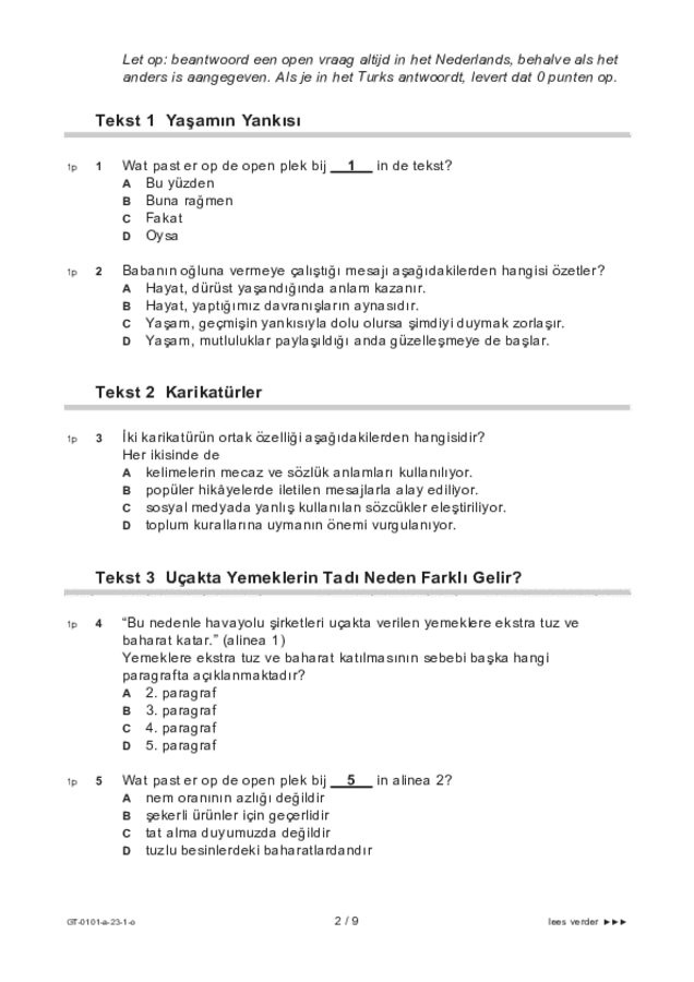 Opgaven examen VMBO GLTL Turks 2023, tijdvak 1. Pagina 2