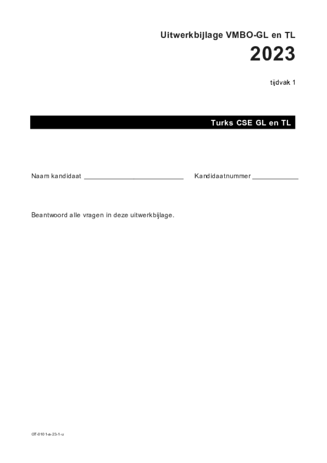 Uitwerkbijlage examen VMBO GLTL Turks 2023, tijdvak 1. Pagina 1