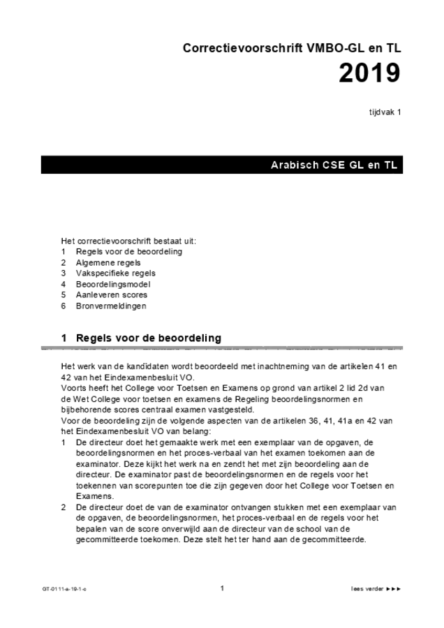 Correctievoorschrift examen VMBO GLTL Arabisch 2019, tijdvak 1. Pagina 1