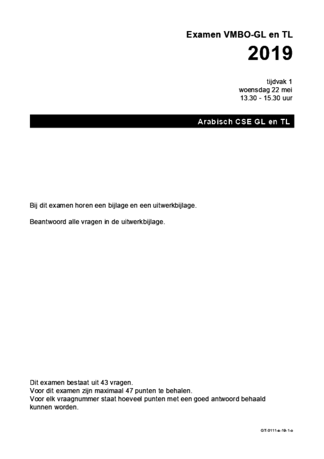 Opgaven examen VMBO GLTL Arabisch 2019, tijdvak 1. Pagina 1