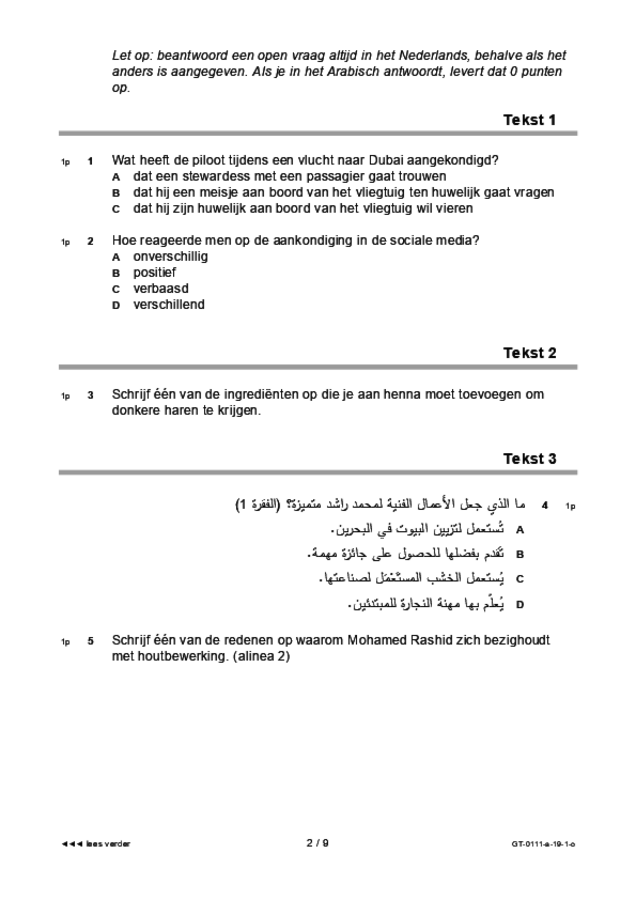 Opgaven examen VMBO GLTL Arabisch 2019, tijdvak 1. Pagina 2