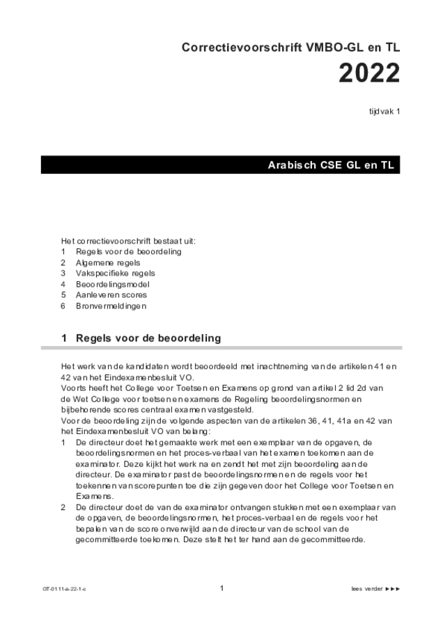 Correctievoorschrift examen VMBO GLTL Arabisch 2022, tijdvak 1. Pagina 1