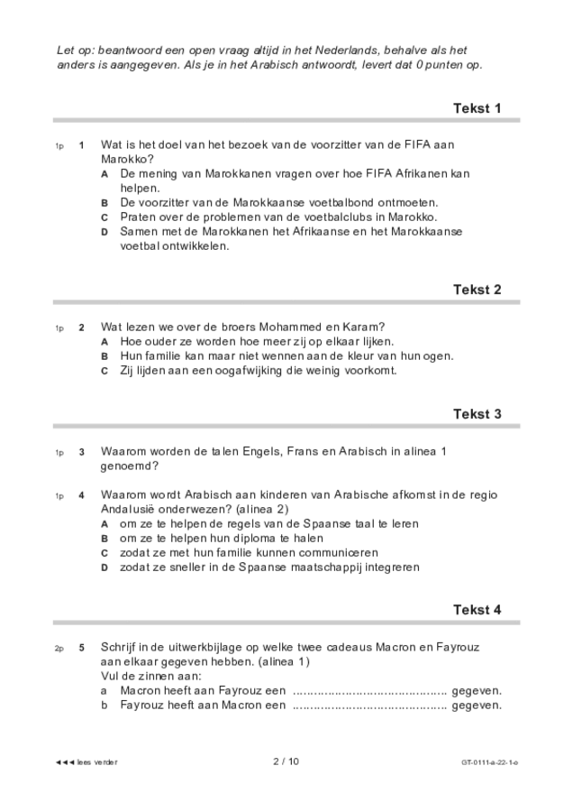 Opgaven examen VMBO GLTL Arabisch 2022, tijdvak 1. Pagina 2
