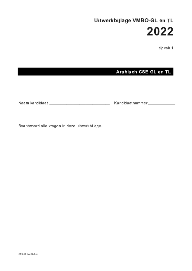 Uitwerkbijlage examen VMBO GLTL Arabisch 2022, tijdvak 1. Pagina 1