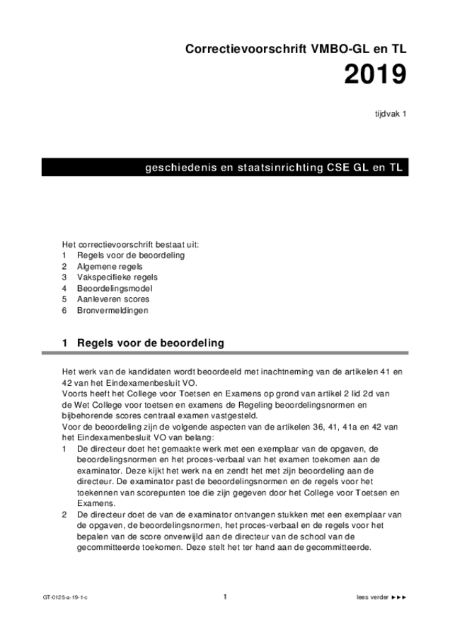 Correctievoorschrift examen VMBO GLTL geschiedenis 2019, tijdvak 1. Pagina 1