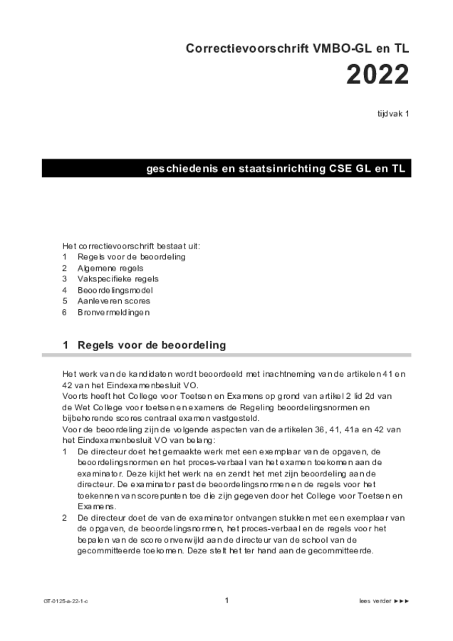 Correctievoorschrift examen VMBO GLTL geschiedenis 2022, tijdvak 1. Pagina 1