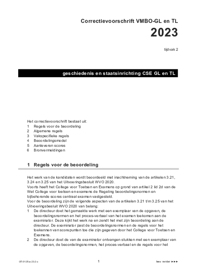 Correctievoorschrift examen VMBO GLTL geschiedenis 2023, tijdvak 2. Pagina 1