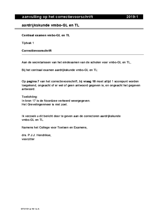 Aanvullingen examen VMBO GLTL aardrijkskunde 2019, tijdvak 1. Pagina 1